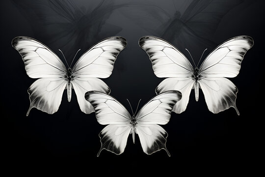 Three white butterflies with big wings on black background, image with x-ray effect. Black and white style. Digital art.