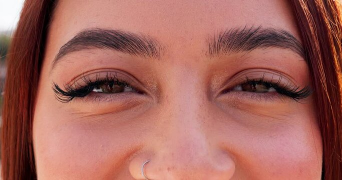 Eyes, vision and portrait with woman and lashes, awareness and beauty, optometry closeup and cosmetics. Natural, eye care and eyebrow with eyesight, microblading and .ophthalmology with perception