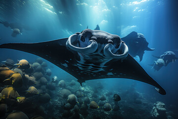 A diver photographs a majestic manta ray, showcasing the fascination and wonder inspired by encounters with marine creatures. Generative AI. - obrazy, fototapety, plakaty