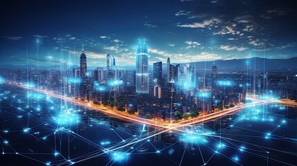 Modern city with wireless network connection and urban landscape concept, wireless network and technology connection with city background at night.