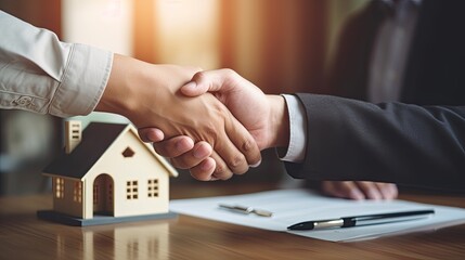 lease, rental and selling home. Dealership manager handshake customer to the new homeowner. rent house, Sales, loan credit financial, insurance, Seller, dealer, installment gen by AI. - obrazy, fototapety, plakaty