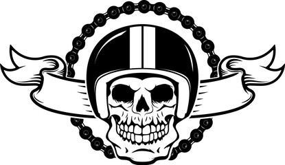ride free or die. Human skull in motorcycle helmet with pistons. Design element for poster, t-shirt print. Vector illustration.