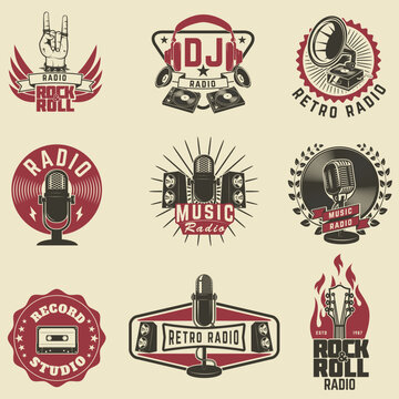 Radio Labels. Retro Radio, Record Studio, Rock And Roll Radio Emblems. Old Style Microphone, Guitars. Design Elements For Logo, Label, Sign, Badge.