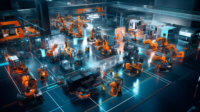  Industry 4.0 in action within a smart factory with machinery, and robotics in a futuristic industrial setting. Innovation, engineering, and interconnected systems. Generative AI