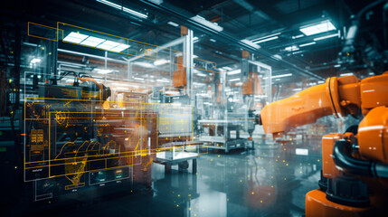  Industry 4.0 in action within a smart factory with machinery, and robotics in a futuristic industrial setting. Innovation, engineering, and interconnected systems. Generative AI