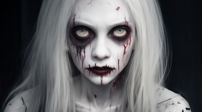 A portrait of a scary pale girl from horror film. Zombie, halloween.