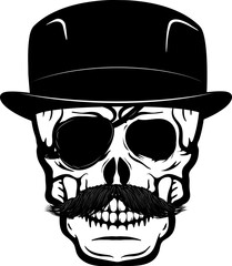 Skull in gentleman's hat. Design element for t-shirt print. Vector illustration.