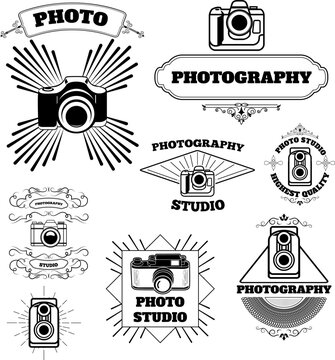Set of vintage photo studio labels and emblems. Design element for logo, label, emblem, sign, brand mark. Vector illustration.