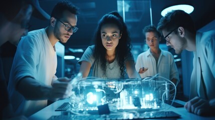 Data scientists work in a modern office of a technology company on the development of a quantum computer. Science, technology, big data and blockchain concept.