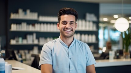 Fototapeta premium Friendly pharmacist standing behind the counter of a pharmacy. Generative AI