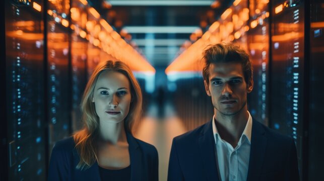 Data scientists work in a modern office of a technology company on the development of a quantum computer. Science, technology, big data and blockchain concept.