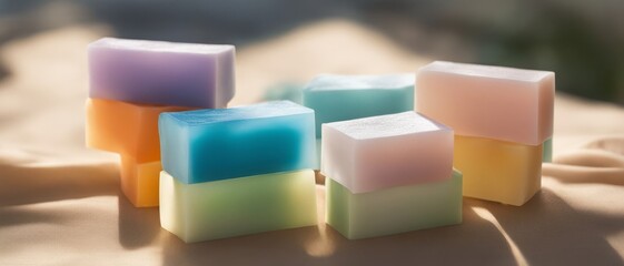 Eco-friendly handmade soaps in different colors lie on the table on top of each other