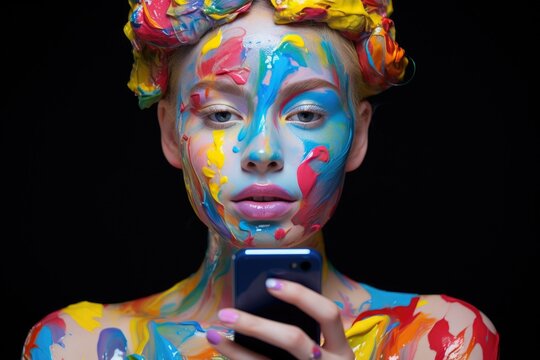 Girl's face close-up in spots of multi-colored paint on it and hair