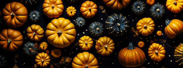 Collection of Autumn Yellow and Black Pumpkins, Halloween Dark Fall Background