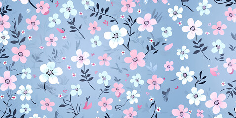 floral pattern in pastel colors, seamless, in blue and pink colors, small pattern, small flowers, children's print