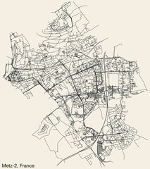 Fototapeta na wymiar Detailed hand-drawn navigational urban street roads map of the METZ-2 CANTON of the French city of METZ, France with vivid road lines and name tag on solid background