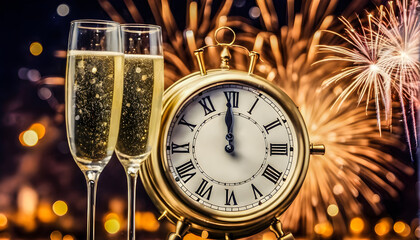 new year celebration with champagne countdown to midnight clock and fireworks, lifestyles concept, generative ai