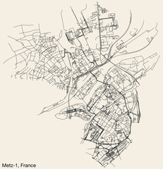 Fototapeta na wymiar Detailed hand-drawn navigational urban street roads map of the METZ-1 CANTON of the French city of METZ, France with vivid road lines and name tag on solid background