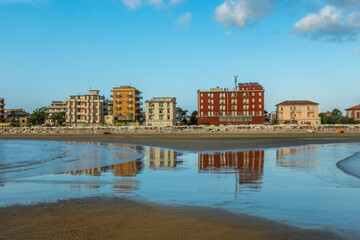 beautiful view of the tourist resort with hotels and the sea, Rimini, Italy