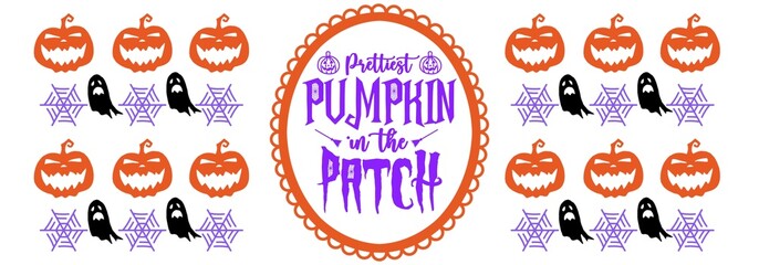 Flames set. Halloween pattern with pumpkins, ghosts, candy, lettering, funny quote, Horizontally banner. - obrazy, fototapety, plakaty