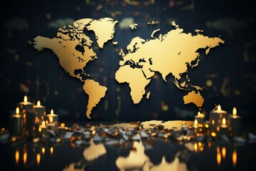 The gold world map chart provides a backdrop for an educational business concept