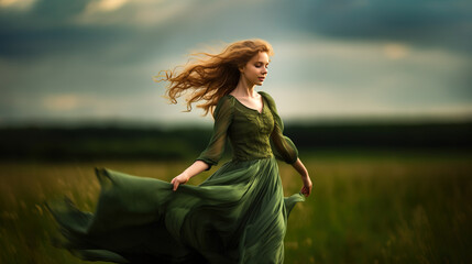 Obraz premium Beautiful redheaded young woman in flowing green dress standing carefree in green field