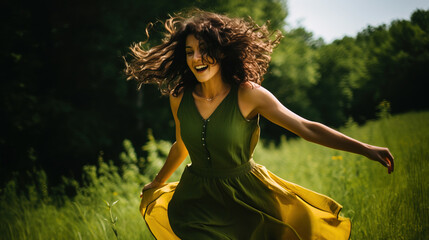 Carefree concept with young woman in motion blur wearing green dress running free in field of green grass - Powered by Adobe