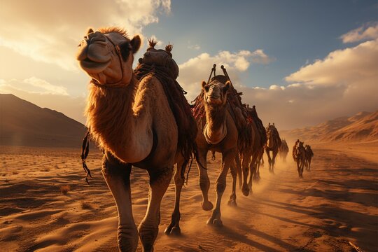 Camel caravan journey across Saharas sandy dunes in wide angle