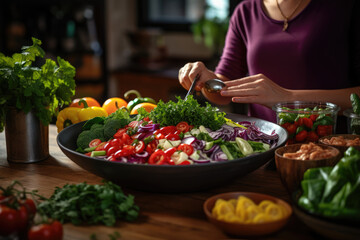 Fototapeta premium A person preparing a colorful salad with fresh vegetables and leafy greens, promoting the importance of a balanced diet. Generative Ai.