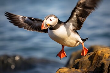 Atlantic puffin also know as common puffin is a species of seabird in the auk family. Iceland, Norway, Generative AI - obrazy, fototapety, plakaty