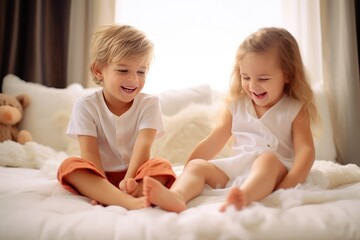 Cute sweet toddler children, tickling feet on the bed, laughing and smiling, Generative AI - obrazy, fototapety, plakaty