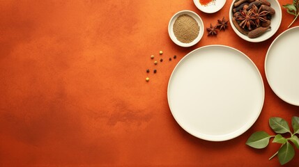 Three set of empty white plates on the orange concrete table with few spices, herbs and chilies above top view, in the style of minimalist backgrounds.
