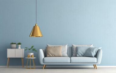 Scandinavian interior of living room concept, light gray sofa with gold lamp on white flooring and blue wall,3d rendering