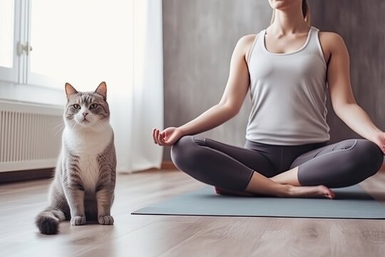 A woman practices yoga at home, her serene workout space shared with a calm cat. Their combined energy creates a balanced, healthy atmosphere for exercise and relaxation.