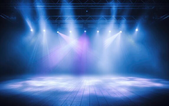 An empty stage club with blue and yellow bright stage lights and lights beams through a smokey atmosphere background, Generative AI