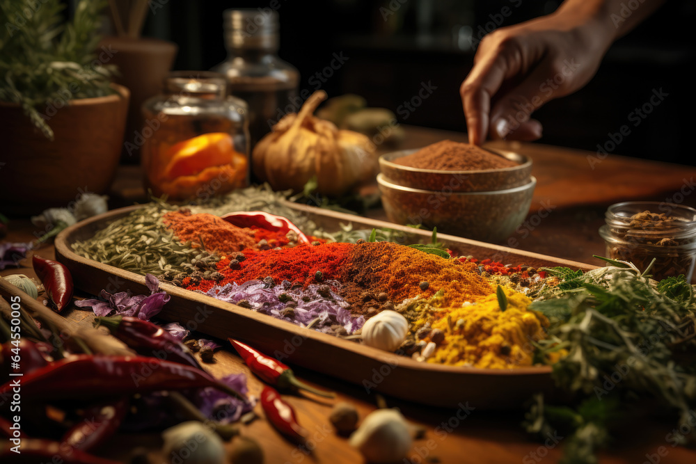 Sticker A close-up of a person's hand using herbs and spices to season a homemade meal, reducing the need for excess salt and unhealthy additives. Generative Ai.