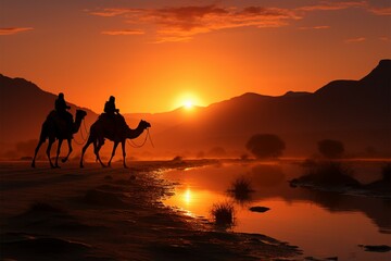 Silhouetted Indian cameleer and camels in the desert during sunset