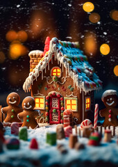 Gingerbread house with gingerbread men in a festive Christmas still life on bokeh background.
