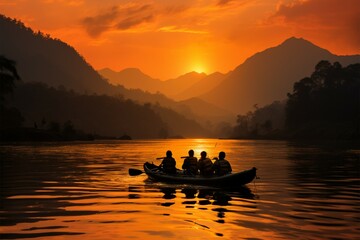 Soldiers collaborate to row a boat towards a mountain target