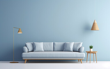 Scandinavian interior of living room concept, light gray sofa with gold lamp on white flooring and blue wall,3d rendering