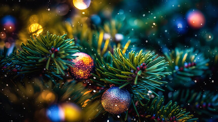 Obraz na płótnie Canvas Christmas tree branch decorated with balls on beautiful bokeh background