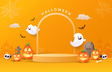 Halloween background with halloween characters and podium in orange background. Vector illustrations. Halloween festive banner, website, sale banner, poster template. 