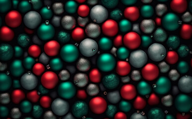 Fototapeta na wymiar A pattern of green and red Christmas balls, lying tightly on a flat surface, top view