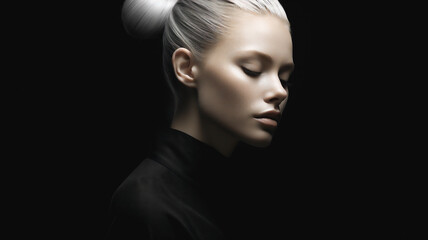 A minimalist portrait of a young elegant model with perfect skin and white hair pulled back in a bun. Studio portrait with a black background.