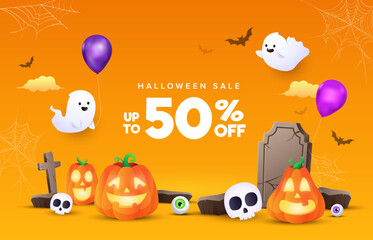 Halloween sale banner with funny halloween characters in orange background. Vector illustrations. Halloween festive banner, website, sale banner, poster template. 
