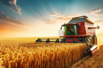 Obraz premium Combine harvest in the golden wheat field.