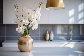Beautiful orchid flowers in vase on table in kitchen - Powered by Adobe