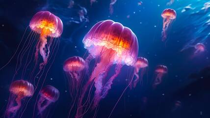 AI Generated 8K Photograph of Ethereal Jellyfish Floating in the Water, Their Translucent Bodies Illuminated by Gentle Underwater Lighting, Creating a Dreamlike Atmosphere. 