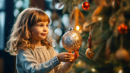 Naklejka premium Winter families holidays. Cute small girl hangs a New Year's ball on Christmas tree on blurred interior background. Christmas card. lifestyle, copy space