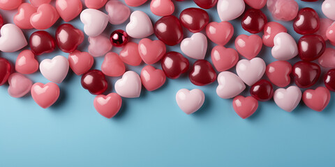 Viele Herzen in rosa dekoriert als Druckvorlage und Hintergrundmotiv in Querformat f&uuml;r Banner, ai generativ